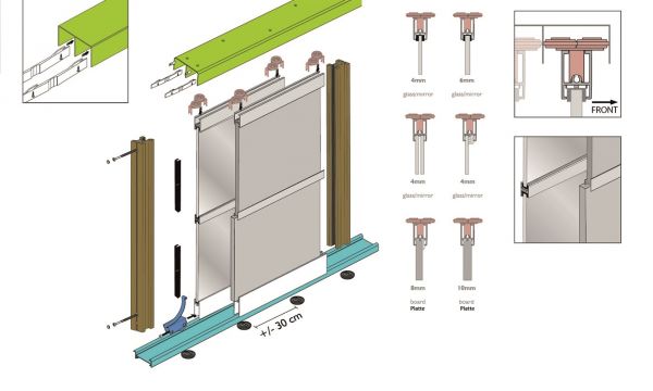 Bausatz für 3 Türen Breite bis 3000 mm und Höhe 2700 mm, als Raumteiler, Griffe Symetrisch